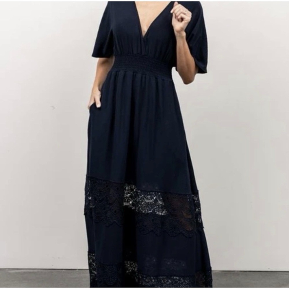 Baltic Born L Vera Maxi Dress In Navy Blue Sheer Lace Trim Romantic Boho